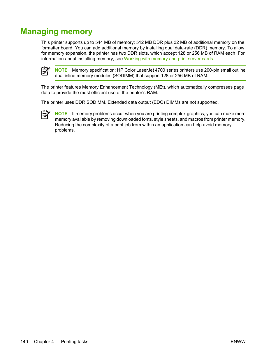 Managing memory | HP Color LaserJet 4700 Printer series User Manual | Page 156 / 330