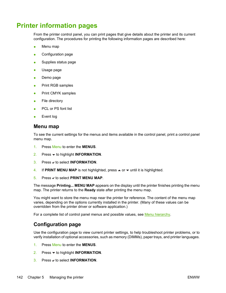 Menu map, Printer information pages, Configuration page | HP Color LaserJet 4700 Printer series User Manual | Page 158 / 330