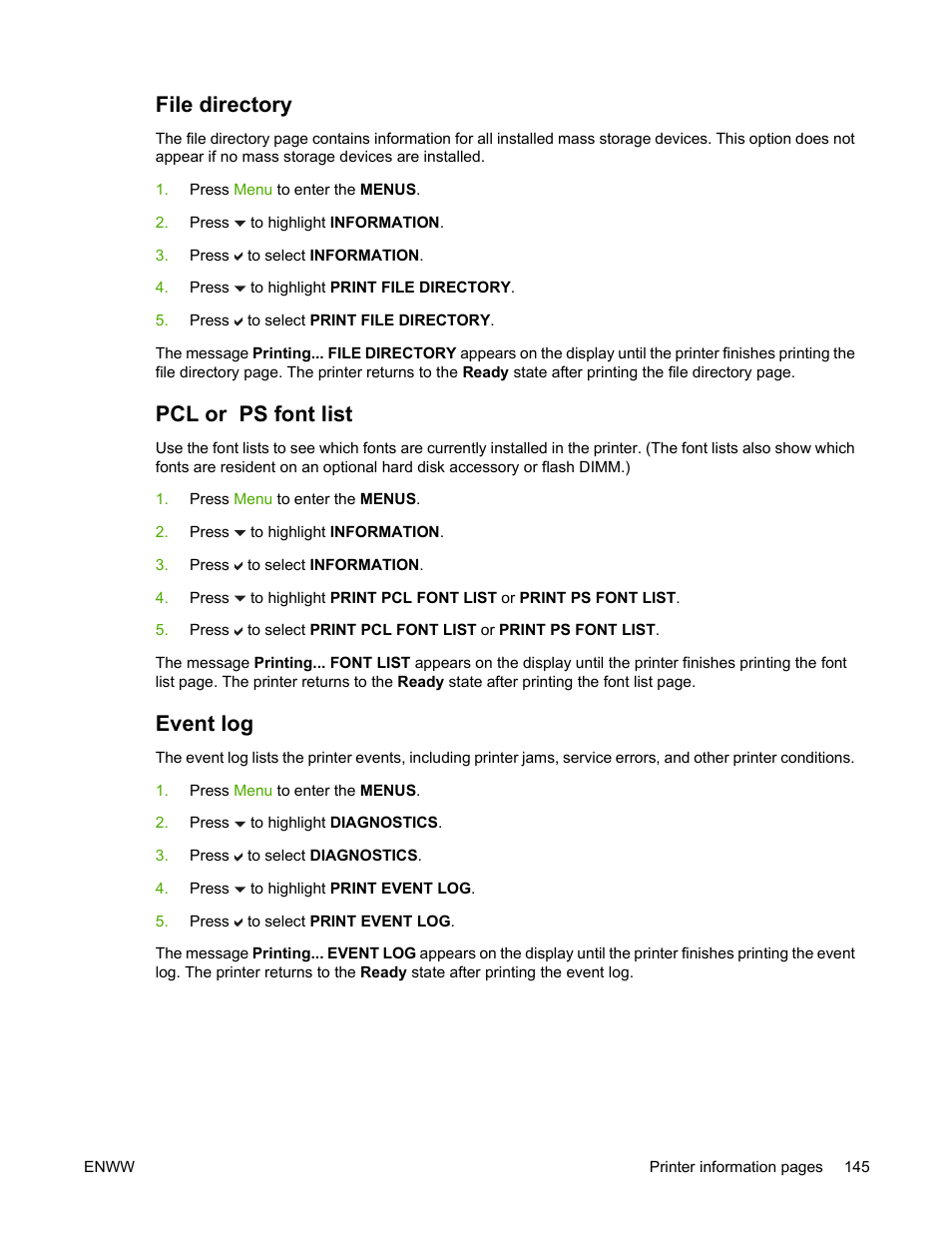 File directory, Pcl or ps font list, Event log | File directory pcl or ps font list event log | HP Color LaserJet 4700 Printer series User Manual | Page 161 / 330