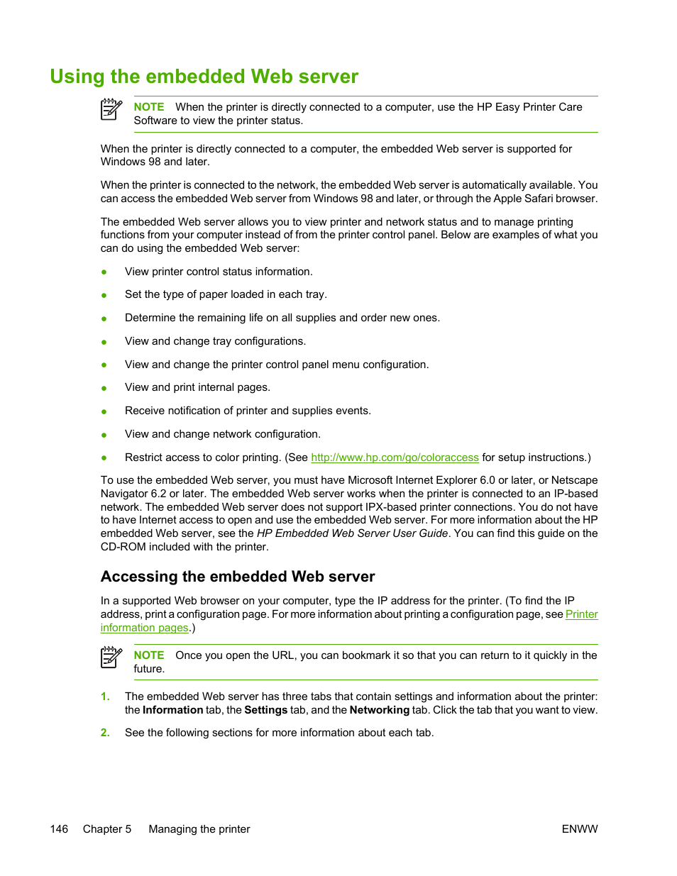 Using the embedded web server, Accessing the embedded web server, Using the embedded web | Server, Using, The embedded web server | HP Color LaserJet 4700 Printer series User Manual | Page 162 / 330