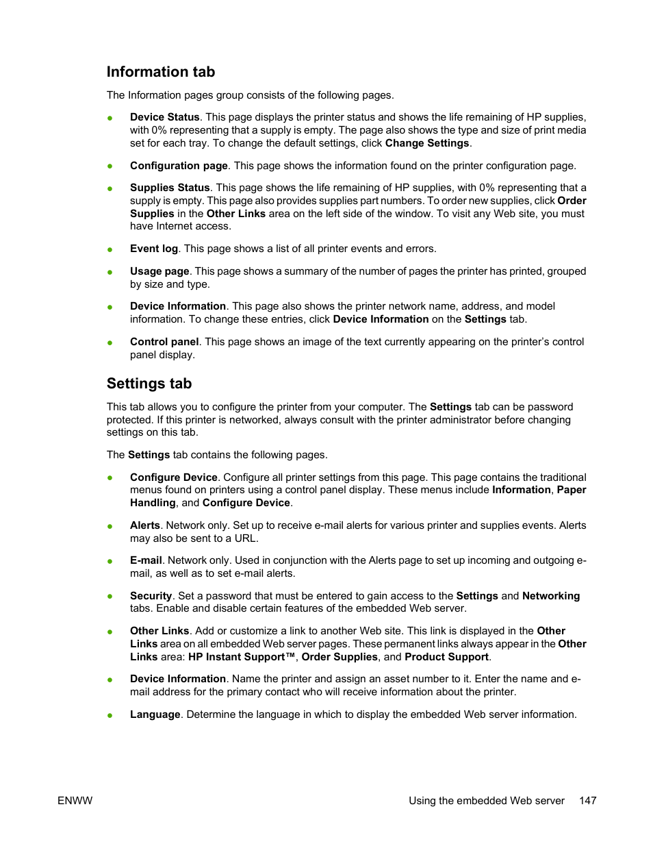 Information tab, Settings tab, Information tab settings tab | HP Color LaserJet 4700 Printer series User Manual | Page 163 / 330