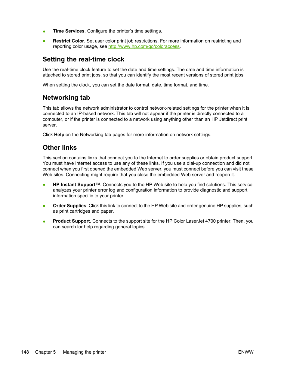 Setting the real-time clock, Networking tab, Other links | HP Color LaserJet 4700 Printer series User Manual | Page 164 / 330