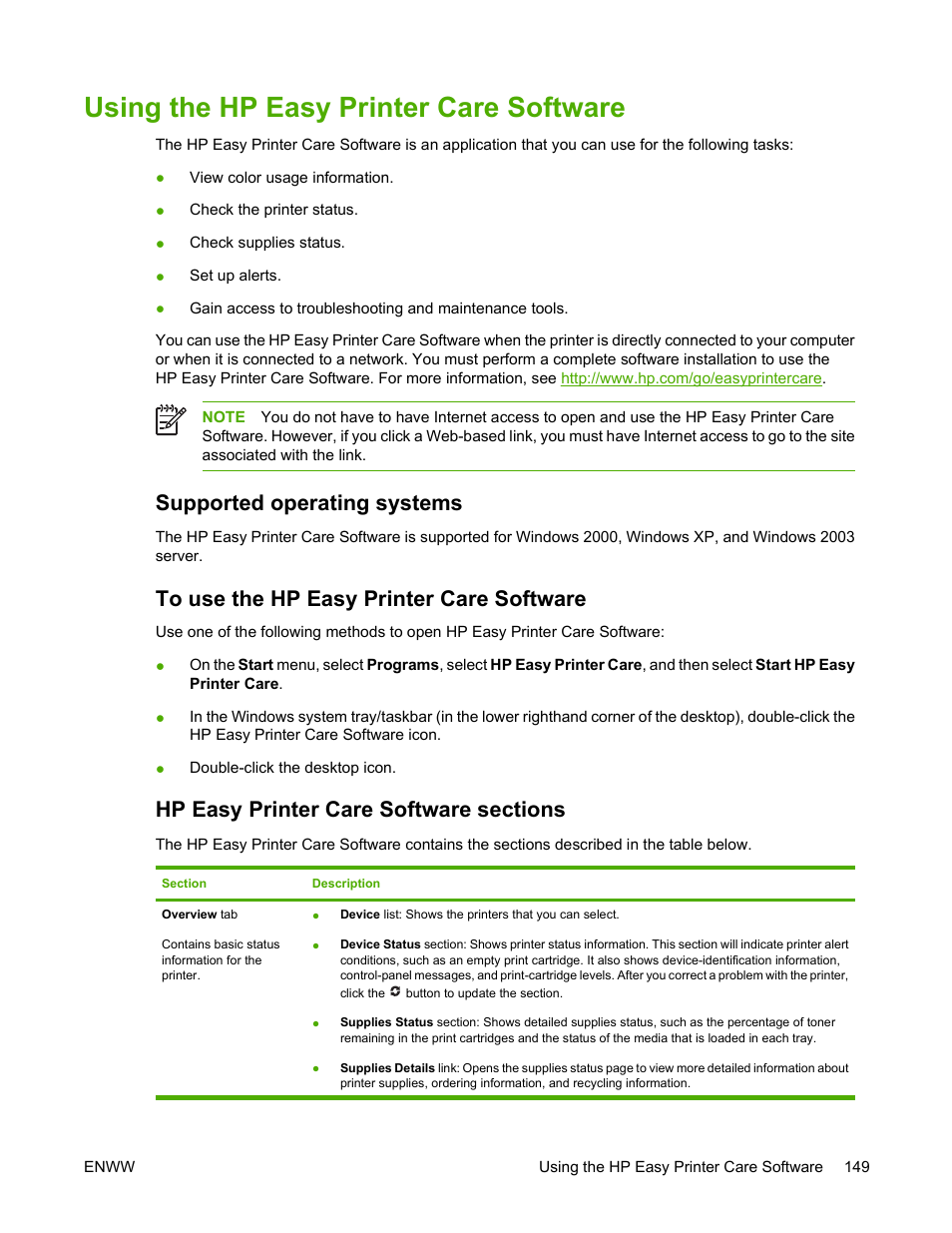 Using the hp easy printer care software, Supported operating systems, To use the hp easy printer care software | Hp easy printer care software sections | HP Color LaserJet 4700 Printer series User Manual | Page 165 / 330