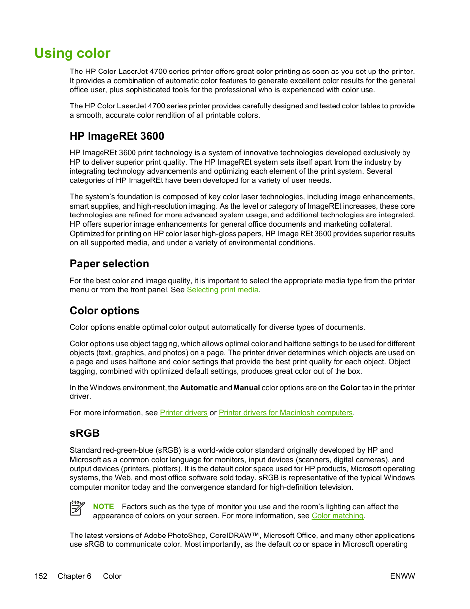 Using color, Hp imageret 3600, Paper selection | Color options, Srgb | HP Color LaserJet 4700 Printer series User Manual | Page 168 / 330