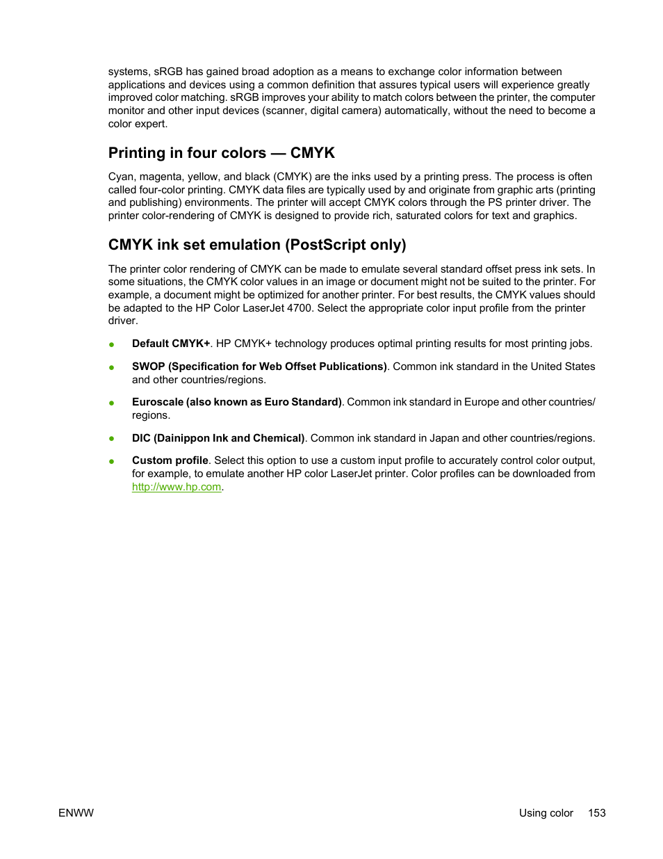 Printing in four colors — cmyk, Cmyk ink set emulation (postscript only) | HP Color LaserJet 4700 Printer series User Manual | Page 169 / 330