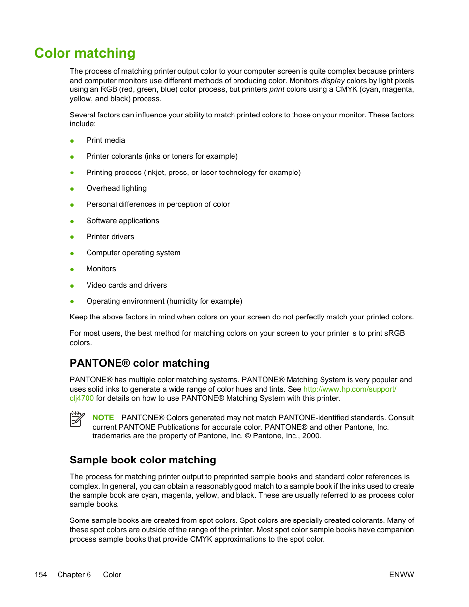 Color matching, Pantone® color matching, Sample book color matching | HP Color LaserJet 4700 Printer series User Manual | Page 170 / 330