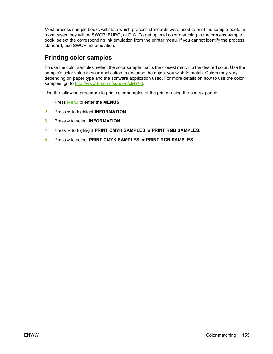 Printing color samples | HP Color LaserJet 4700 Printer series User Manual | Page 171 / 330