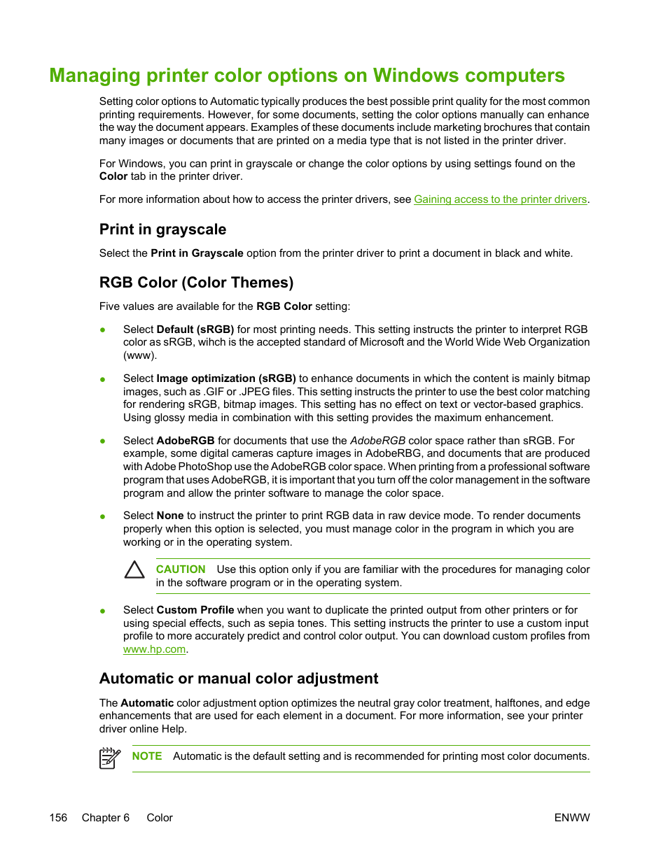 Print in grayscale, Rgb color (color themes), Automatic or manual color adjustment | Managing printer color, Options on windows computers | HP Color LaserJet 4700 Printer series User Manual | Page 172 / 330