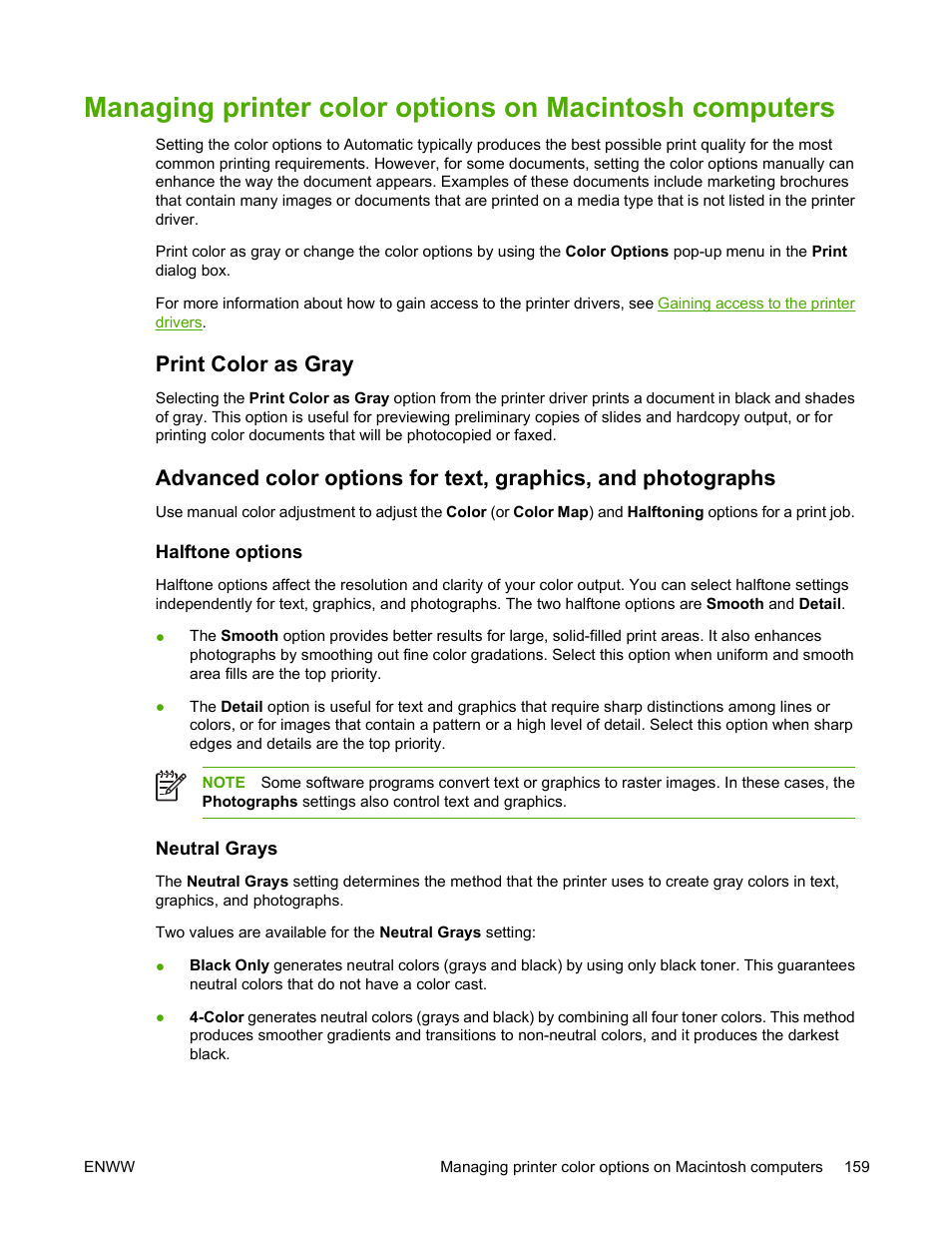 Print color as gray, Halftone options, Neutral grays | Halftone options neutral grays, Managing printer color options, On macintosh computers | HP Color LaserJet 4700 Printer series User Manual | Page 175 / 330