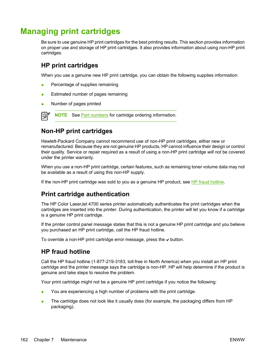 Managing print cartridges, Hp print cartridges, Non-hp print cartridges | Print cartridge authentication, Hp fraud hotline | HP Color LaserJet 4700 Printer series User Manual | Page 178 / 330