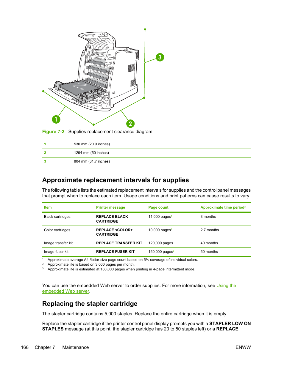 Approximate replacement intervals for supplies, Replacing the stapler cartridge | HP Color LaserJet 4700 Printer series User Manual | Page 184 / 330