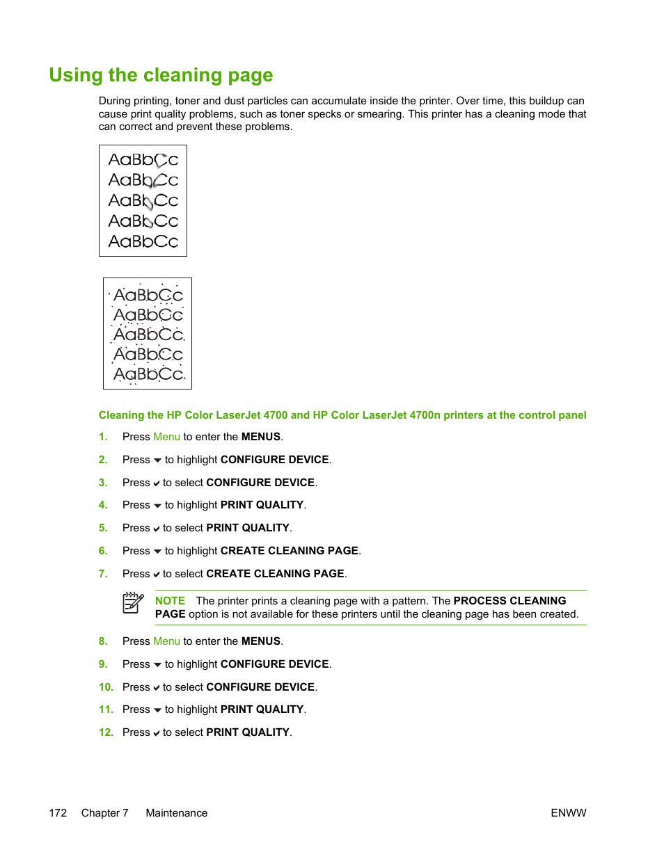 Using the cleaning page | HP Color LaserJet 4700 Printer series User Manual | Page 188 / 330