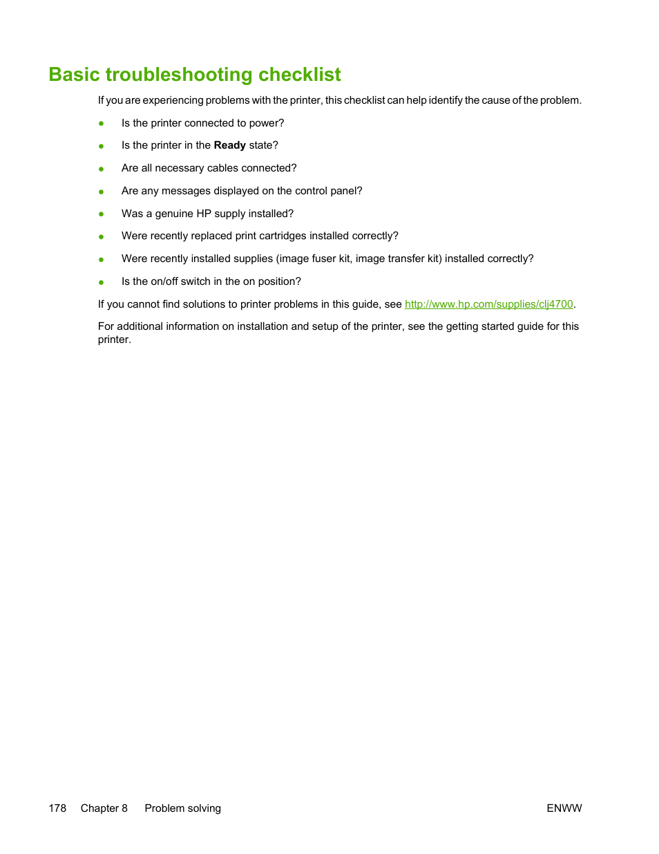 Basic troubleshooting checklist | HP Color LaserJet 4700 Printer series User Manual | Page 194 / 330