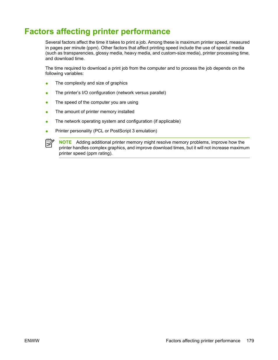 Factors affecting printer performance | HP Color LaserJet 4700 Printer series User Manual | Page 195 / 330