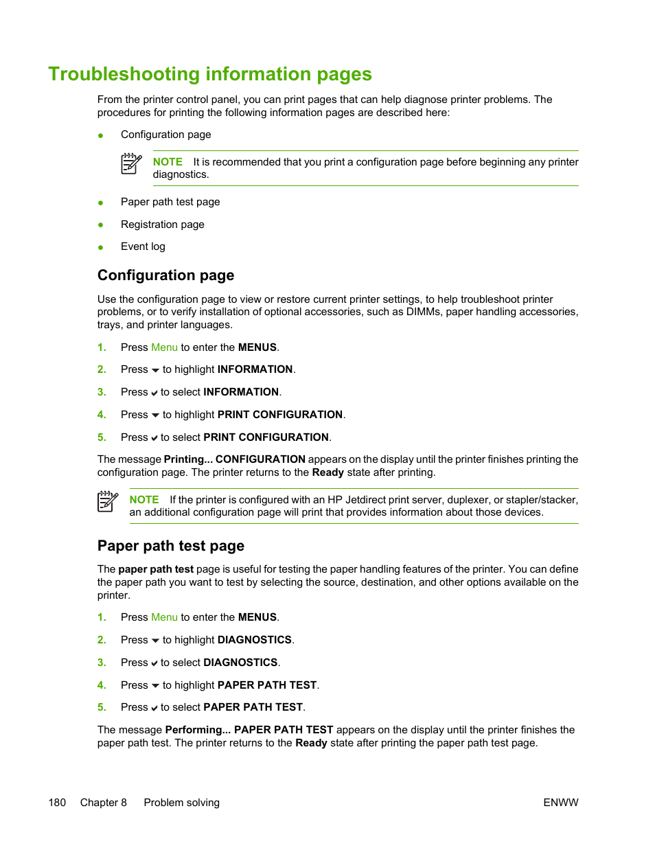 Troubleshooting information pages, Configuration page, Paper path test page | HP Color LaserJet 4700 Printer series User Manual | Page 196 / 330