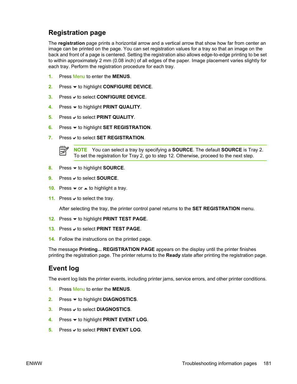 Event log, Registration page | HP Color LaserJet 4700 Printer series User Manual | Page 197 / 330