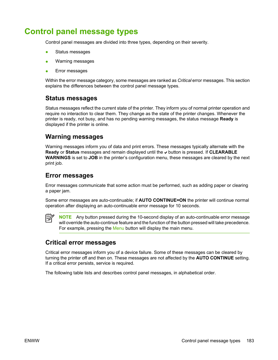 Control panel message types, Status messages, Warning messages | Error messages, Critical error messages | HP Color LaserJet 4700 Printer series User Manual | Page 199 / 330