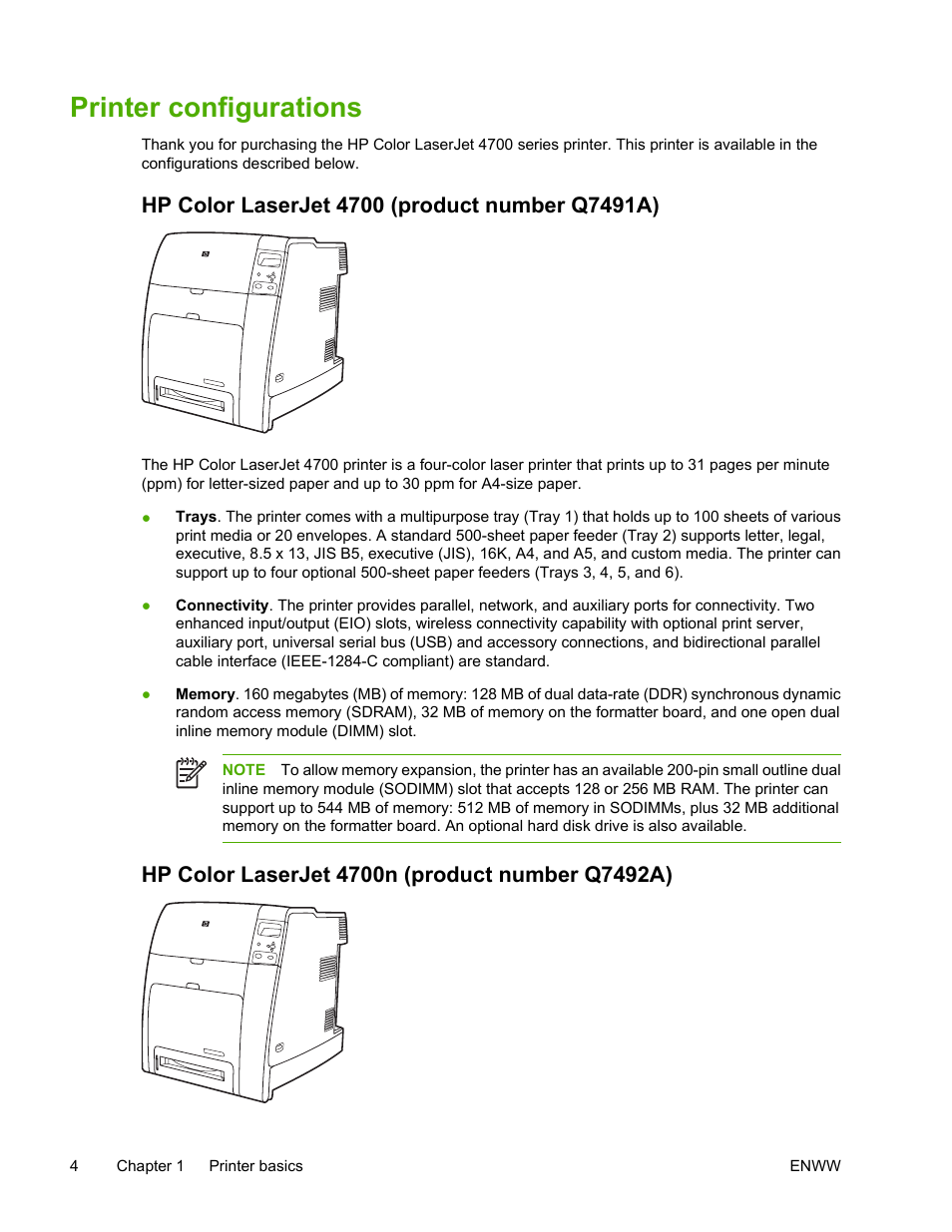 Printer configurations, Hp color laserjet 4700 (product number q7491a), Hp color laserjet 4700n (product number q7492a) | HP Color LaserJet 4700 Printer series User Manual | Page 20 / 330