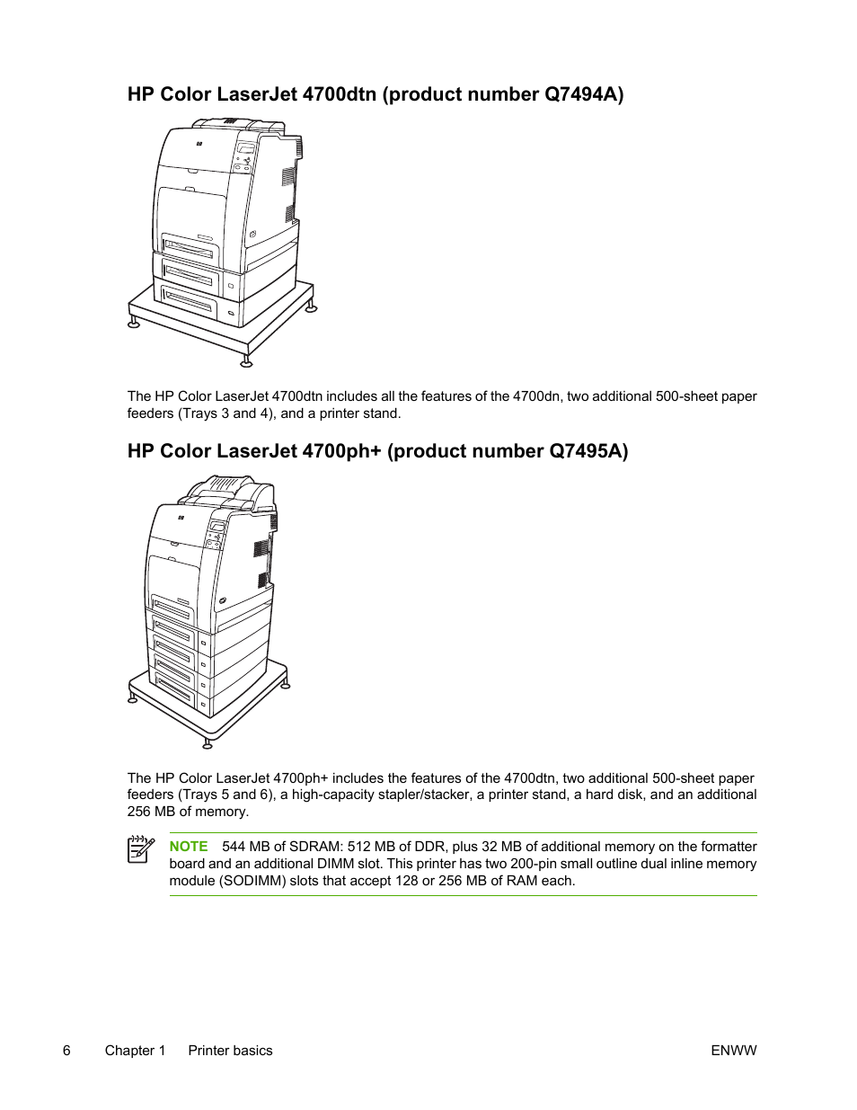 Hp color laserjet 4700dtn (product number q7494a), Hp color laserjet 4700ph+ (product number q7495a) | HP Color LaserJet 4700 Printer series User Manual | Page 22 / 330