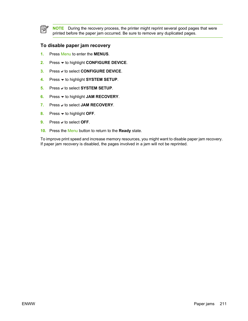 To disable paper jam recovery | HP Color LaserJet 4700 Printer series User Manual | Page 227 / 330