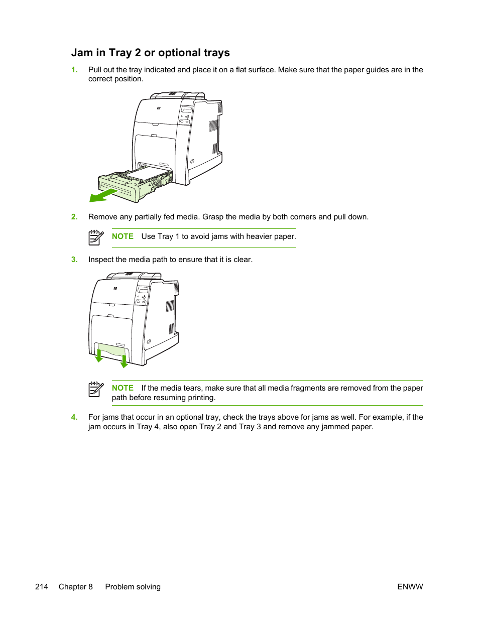 Jam in tray 2 or optional trays | HP Color LaserJet 4700 Printer series User Manual | Page 230 / 330