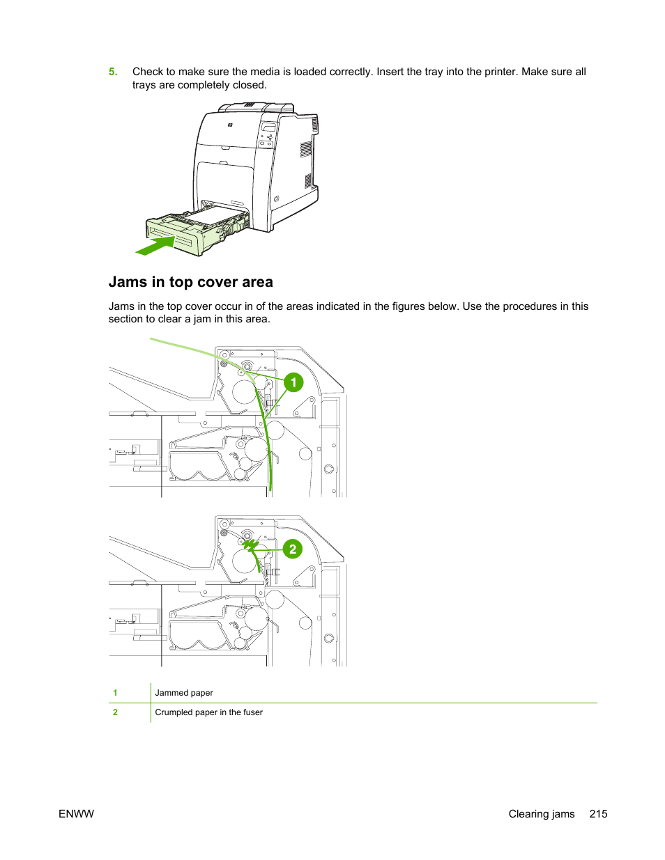 Jams in top cover area | HP Color LaserJet 4700 Printer series User Manual | Page 231 / 330