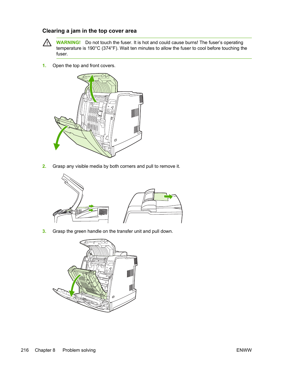 Clearing a jam in the top cover area | HP Color LaserJet 4700 Printer series User Manual | Page 232 / 330