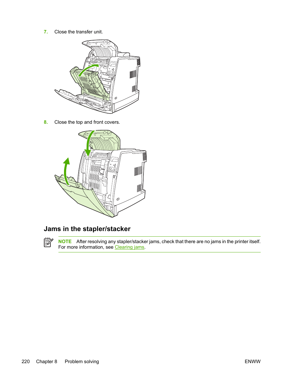 Jams in the stapler/stacker, Jams in, The stapler/stacker | HP Color LaserJet 4700 Printer series User Manual | Page 236 / 330