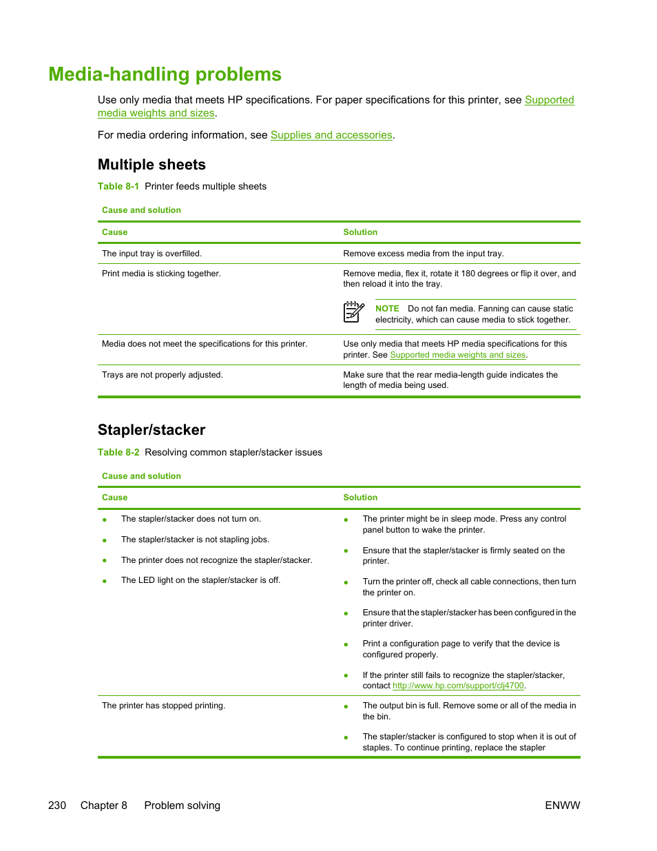 Media-handling problems, Multiple sheets, Stapler/stacker | Multiple sheets stapler/stacker | HP Color LaserJet 4700 Printer series User Manual | Page 246 / 330