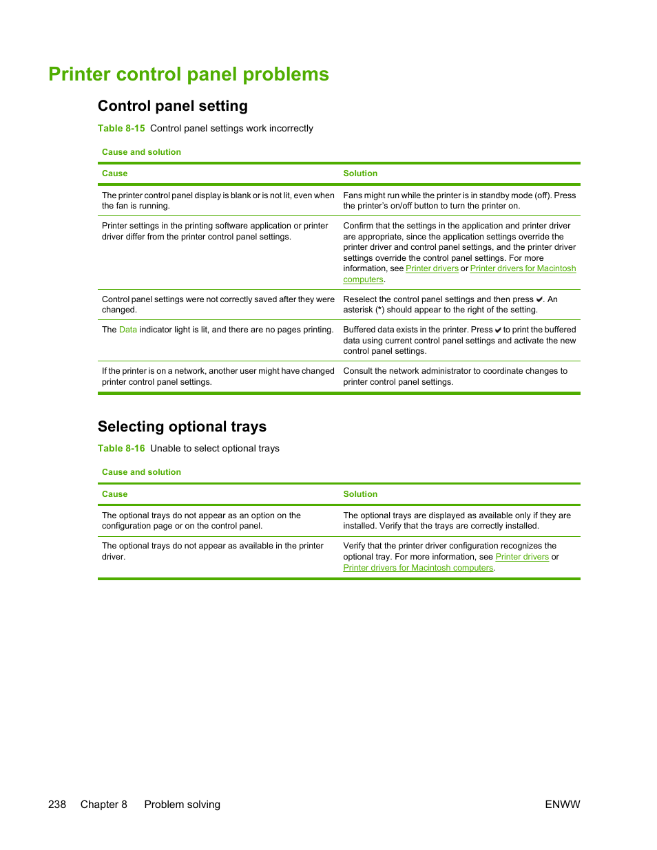 Printer control panel problems, Control panel setting, Selecting optional trays | Control panel setting selecting optional trays | HP Color LaserJet 4700 Printer series User Manual | Page 254 / 330