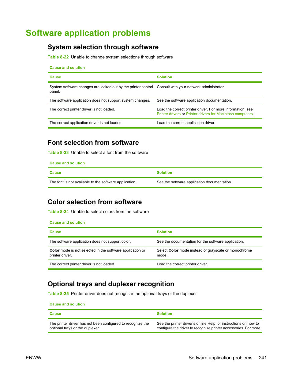 Software application problems, System selection through software, Font selection from software | Color selection from software, Optional trays and duplexer recognition | HP Color LaserJet 4700 Printer series User Manual | Page 257 / 330