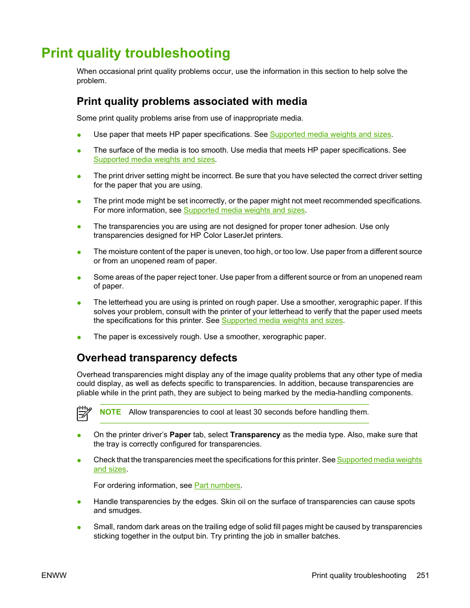 Print quality troubleshooting, Print quality problems associated with media, Overhead transparency defects | HP Color LaserJet 4700 Printer series User Manual | Page 267 / 330