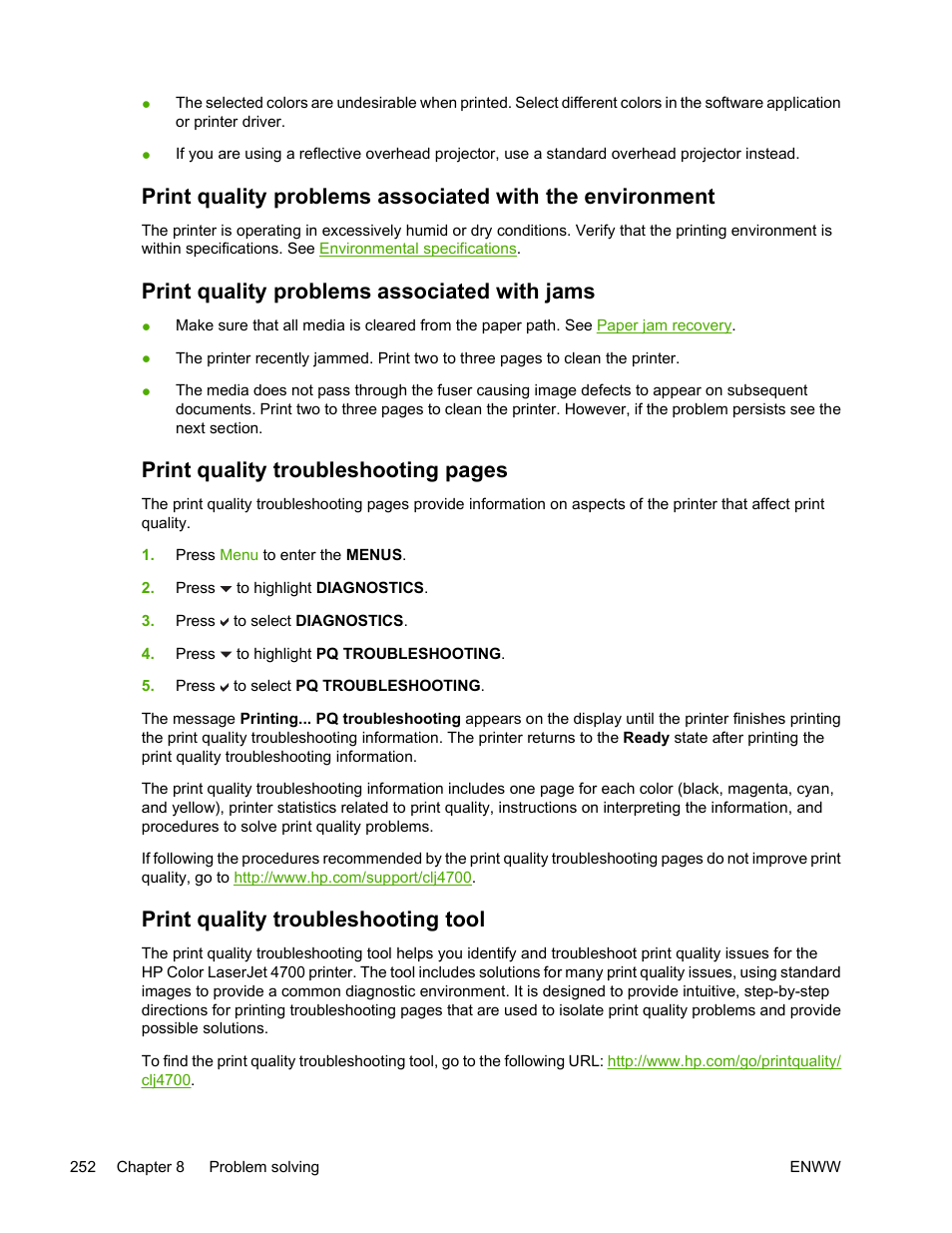 Print quality problems associated with jams, Print quality troubleshooting tool, Print quality troubleshooting pages | HP Color LaserJet 4700 Printer series User Manual | Page 268 / 330