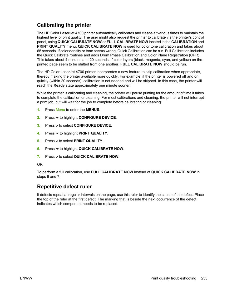 Calibrating the printer, Repetitive defect ruler, Calibrating the printer repetitive defect ruler | Calibrating the, Printer | HP Color LaserJet 4700 Printer series User Manual | Page 269 / 330