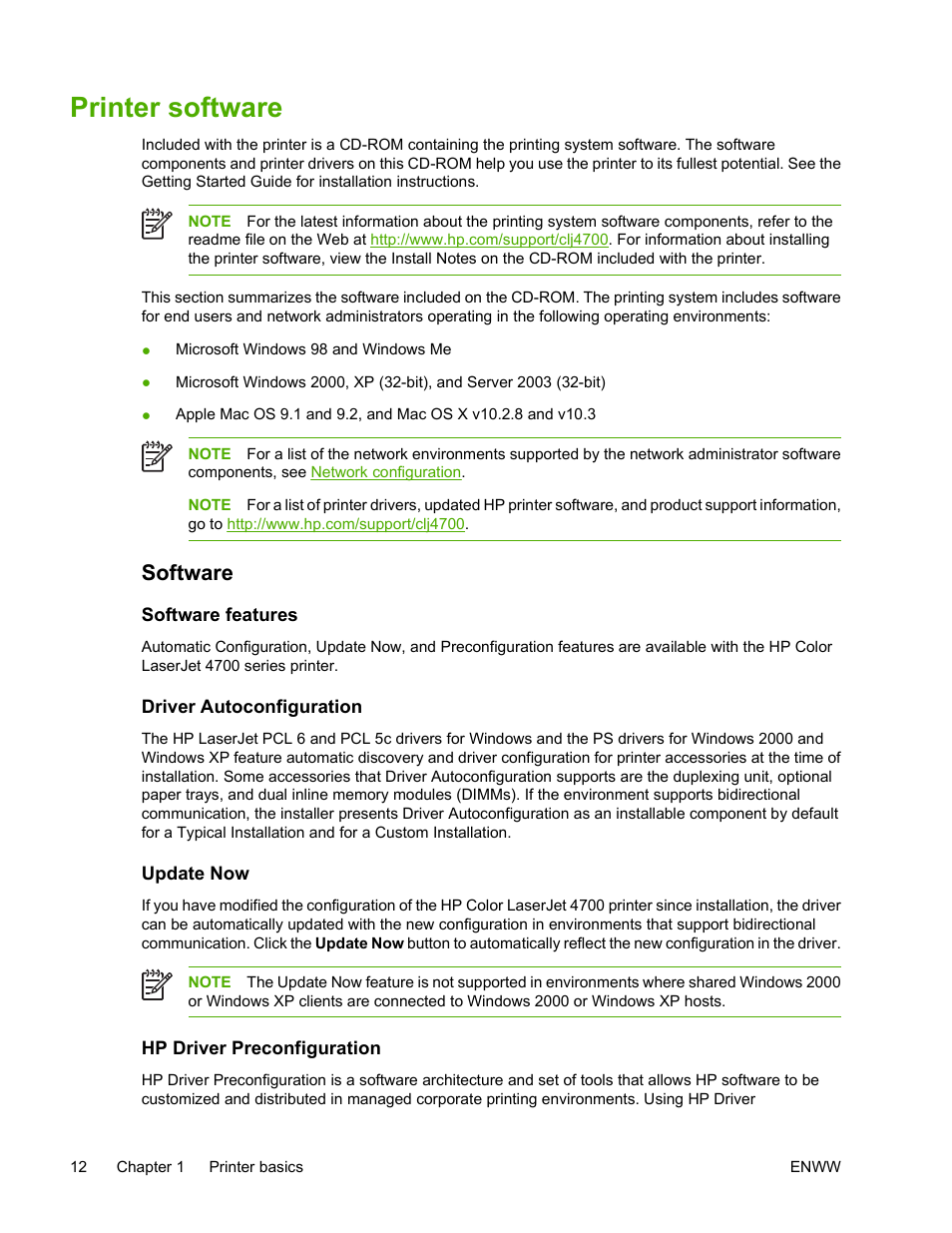 Printer software, Software, Software features | Driver autoconfiguration, Update now, Hp driver preconfiguration | HP Color LaserJet 4700 Printer series User Manual | Page 28 / 330