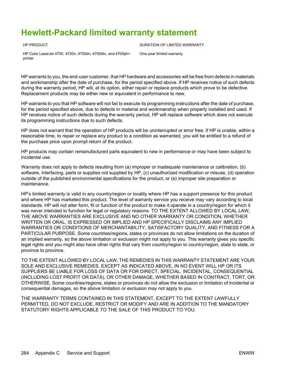 Hewlett-packard limited warranty statement | HP Color LaserJet 4700 Printer series User Manual | Page 300 / 330