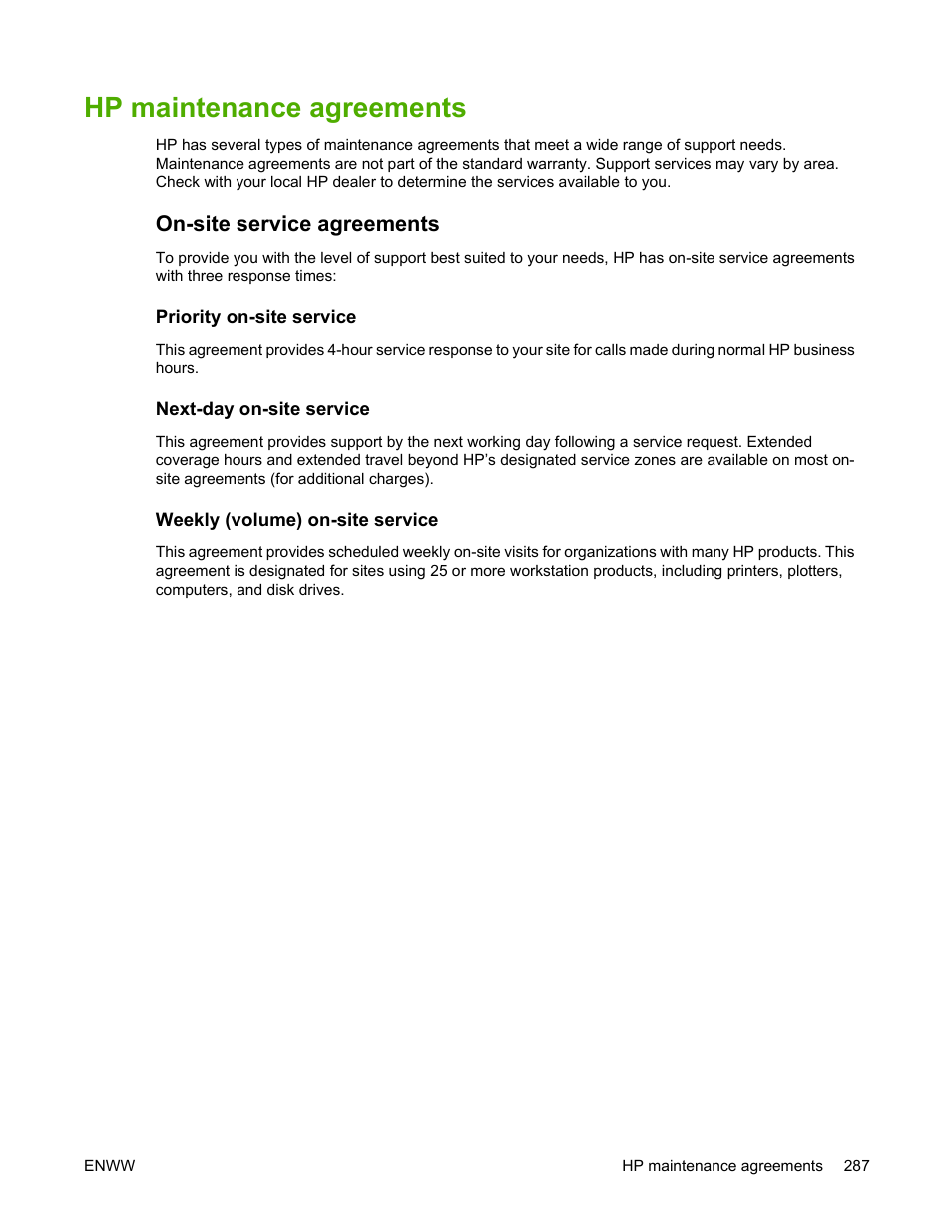Hp maintenance agreements, On-site service agreements, Priority on-site service | Next-day on-site service, Weekly (volume) on-site service | HP Color LaserJet 4700 Printer series User Manual | Page 303 / 330