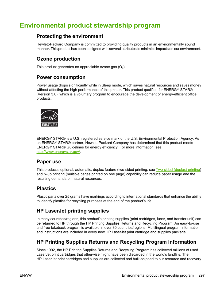 Environmental product stewardship program, Protecting the environment, Ozone production | Power consumption, Paper use, Plastics, Hp laserjet printing supplies | HP Color LaserJet 4700 Printer series User Manual | Page 313 / 330