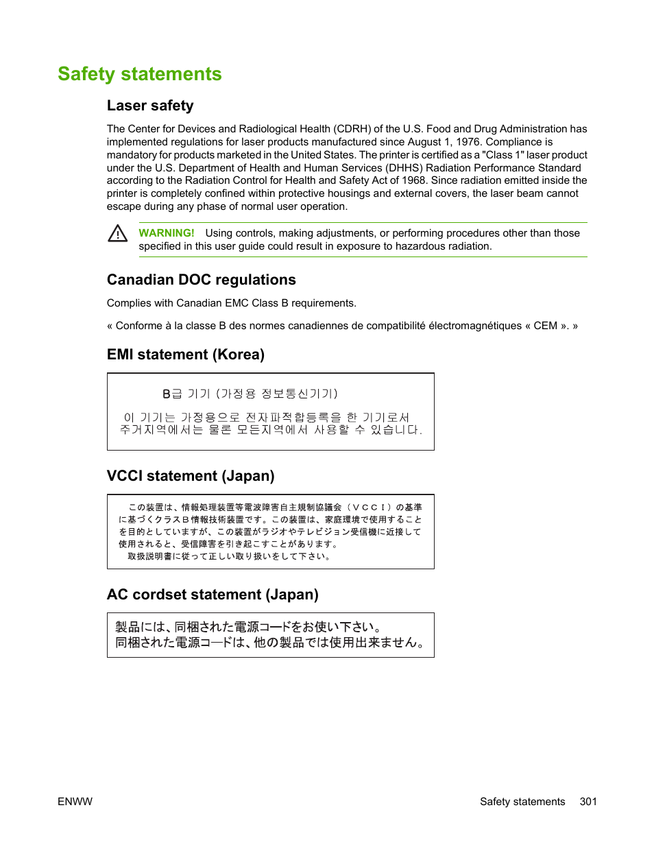 Safety statements, Laser safety, Canadian doc regulations | Emi statement (korea), Vcci statement (japan), Ac cordset statement (japan) | HP Color LaserJet 4700 Printer series User Manual | Page 317 / 330