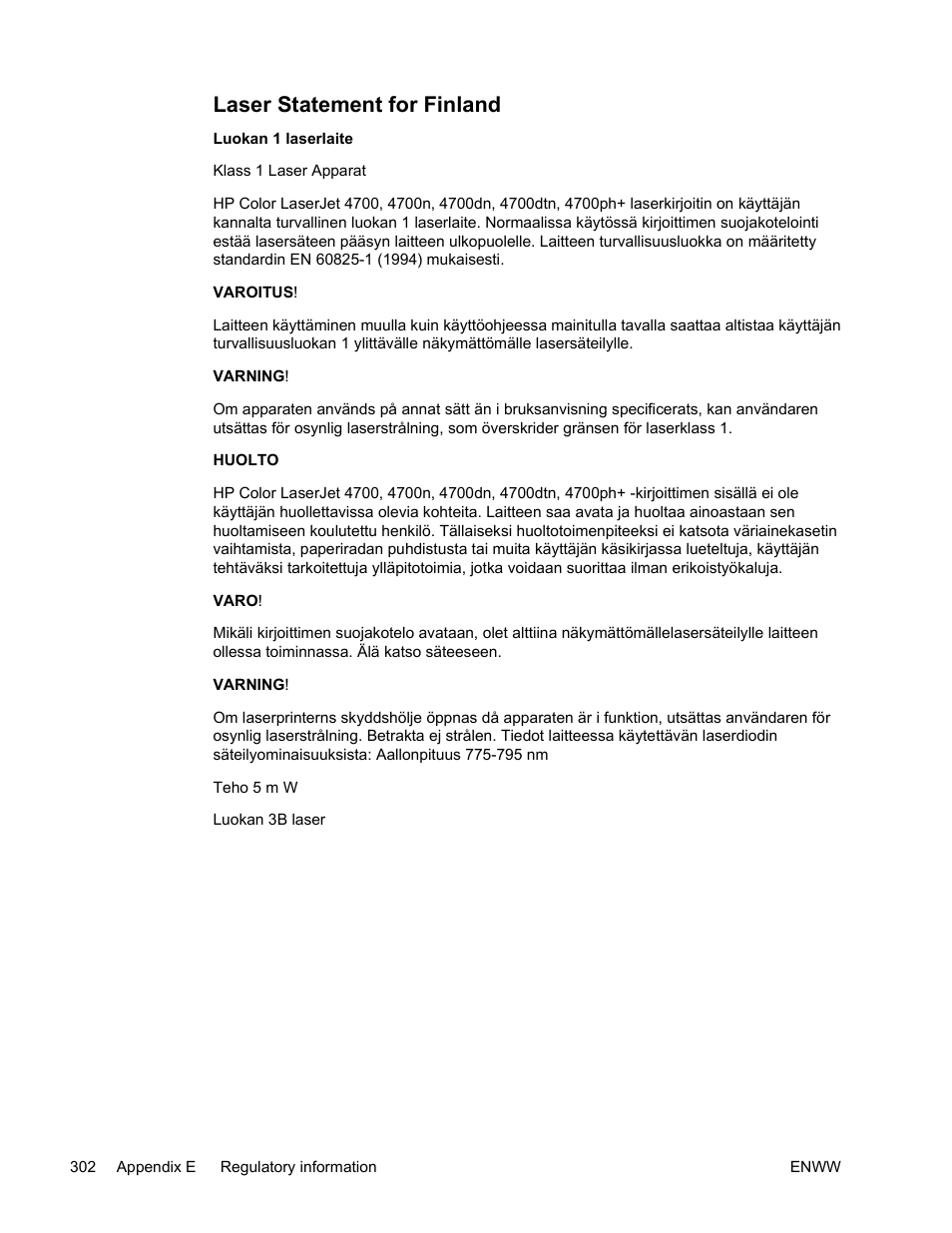Laser statement for finland | HP Color LaserJet 4700 Printer series User Manual | Page 318 / 330