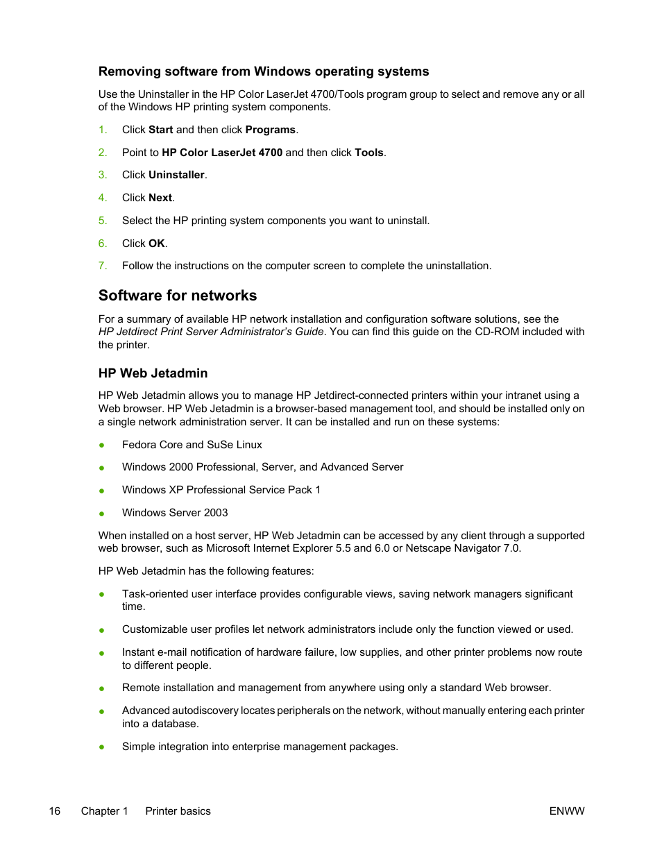 Removing software from windows operating systems, Software for networks, Hp web jetadmin | HP Color LaserJet 4700 Printer series User Manual | Page 32 / 330