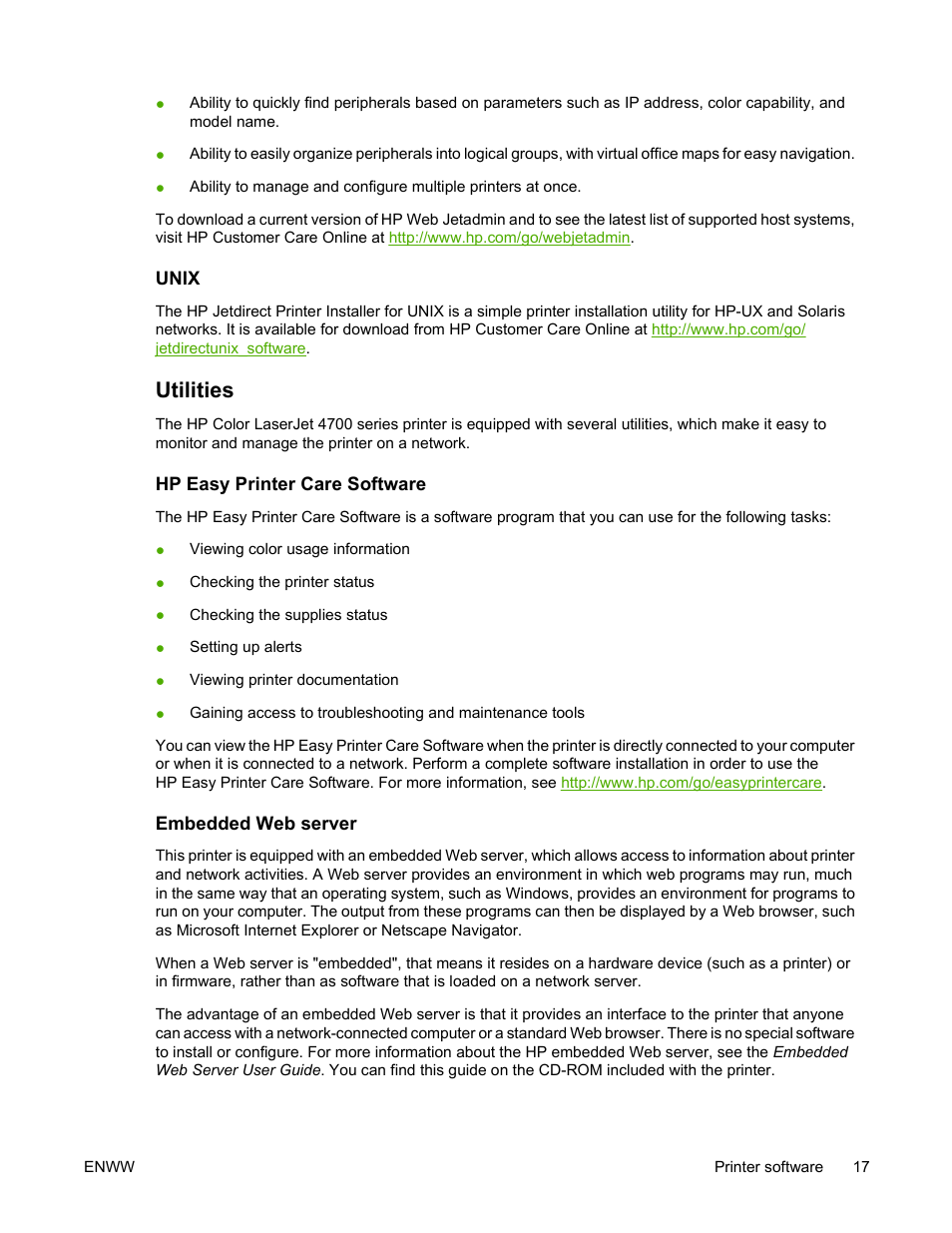 Unix, Utilities, Hp easy printer care software | Embedded web server, Hp easy printer care software embedded web server | HP Color LaserJet 4700 Printer series User Manual | Page 33 / 330