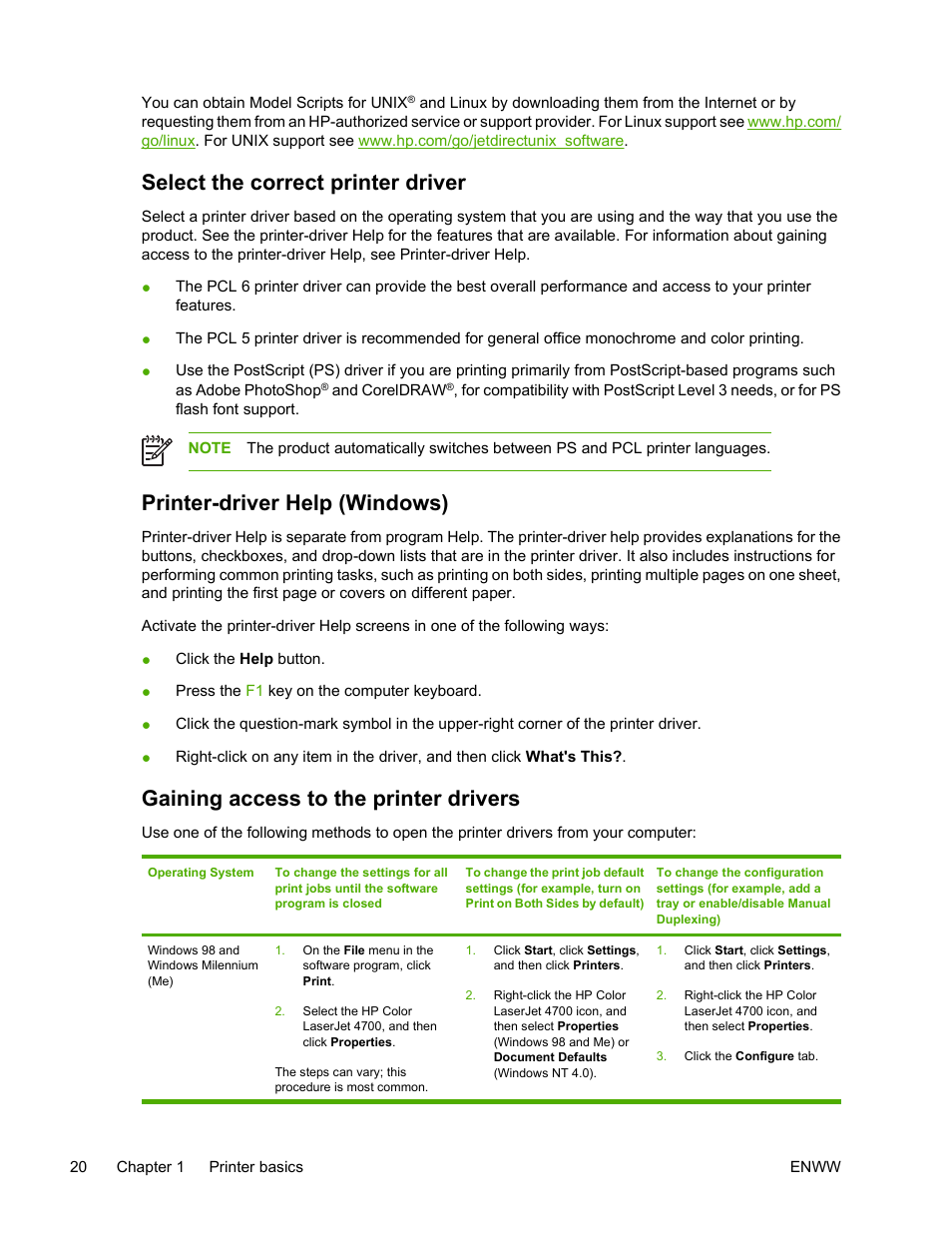Select the correct printer driver, Printer-driver help (windows), Gaining access to the printer drivers | HP Color LaserJet 4700 Printer series User Manual | Page 36 / 330