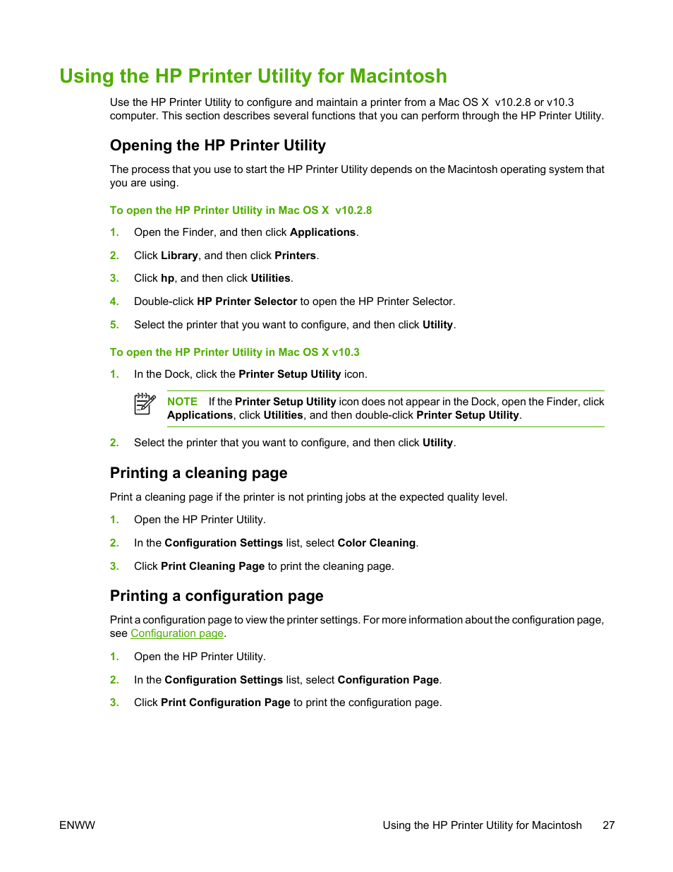 Using the hp printer utility for macintosh, Opening the hp printer utility, Printing a cleaning page | Printing a configuration page | HP Color LaserJet 4700 Printer series User Manual | Page 43 / 330