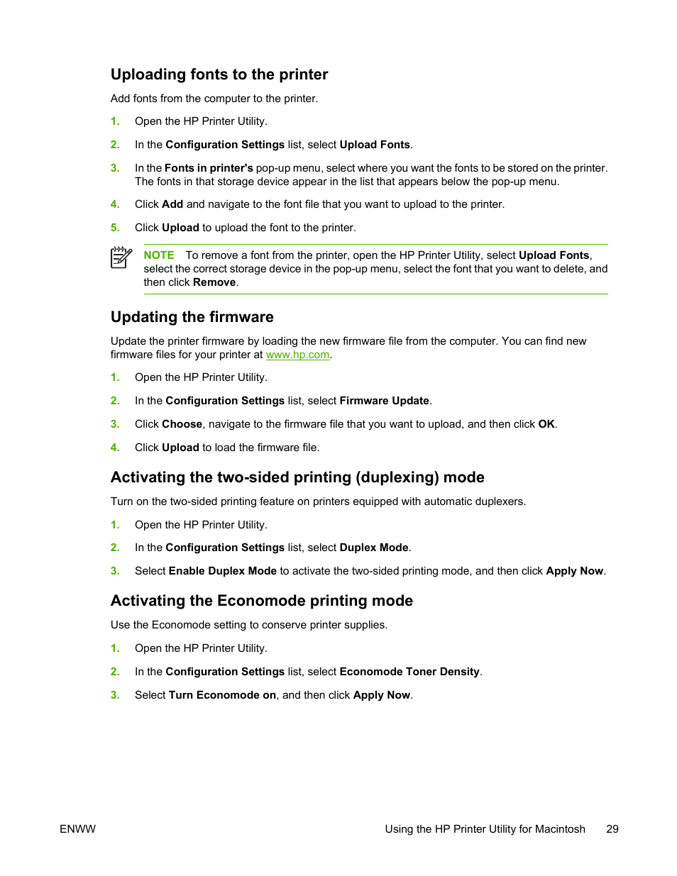 Uploading fonts to the printer, Updating the firmware, Activating the two-sided printing (duplexing) mode | Activating the economode printing mode | HP Color LaserJet 4700 Printer series User Manual | Page 45 / 330