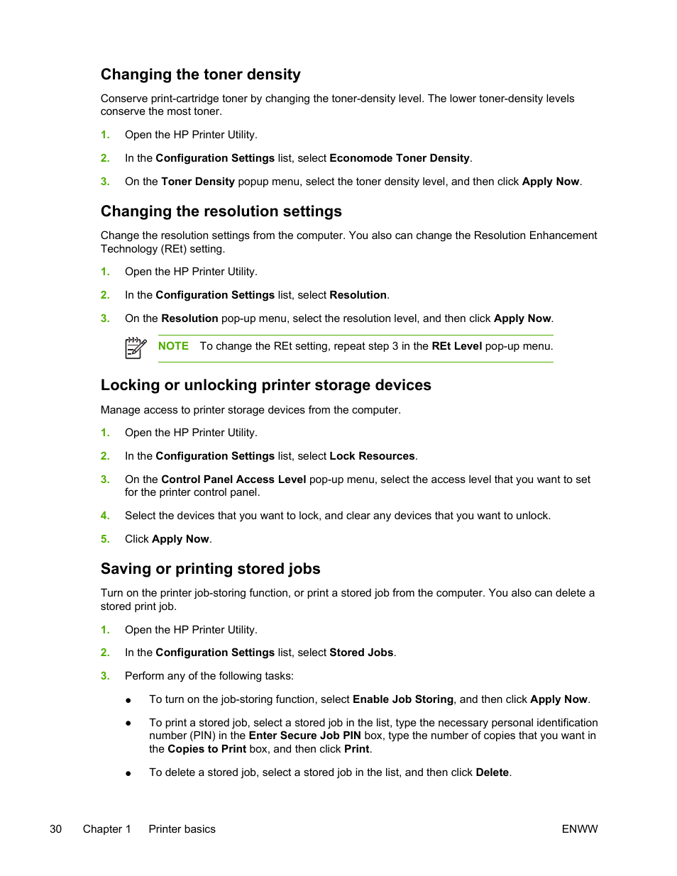 Changing the toner density, Changing the resolution settings, Locking or unlocking printer storage devices | Saving or printing stored jobs | HP Color LaserJet 4700 Printer series User Manual | Page 46 / 330