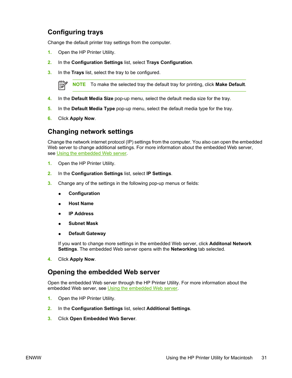 Configuring trays, Changing network settings, Opening the embedded web server | HP Color LaserJet 4700 Printer series User Manual | Page 47 / 330