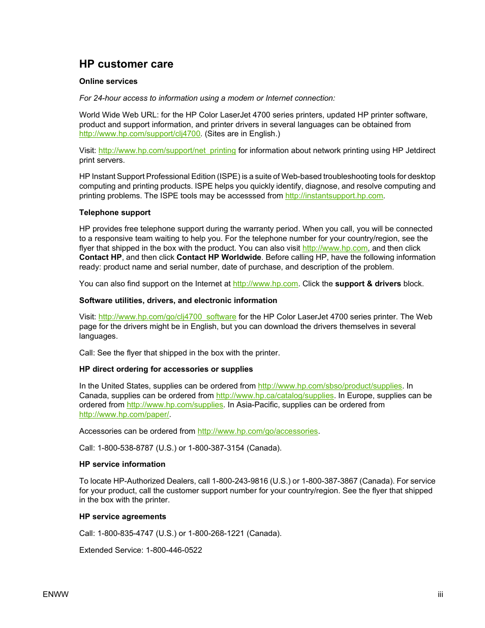 Hp customer care | HP Color LaserJet 4700 Printer series User Manual | Page 5 / 330