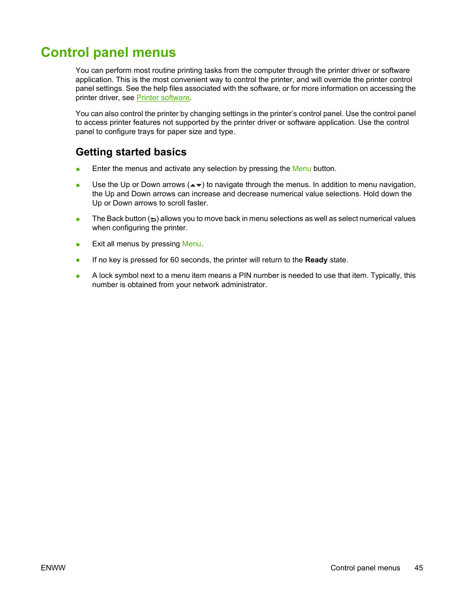 Control panel menus, Getting started basics | HP Color LaserJet 4700 Printer series User Manual | Page 61 / 330