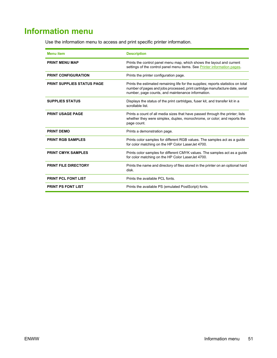 Information menu | HP Color LaserJet 4700 Printer series User Manual | Page 67 / 330